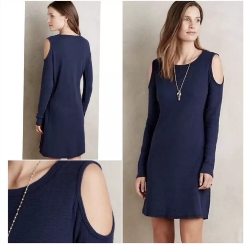 Anthropologie By Sol Angeles Textured Knit Cold Shoulder Casual Navy Boat Dress